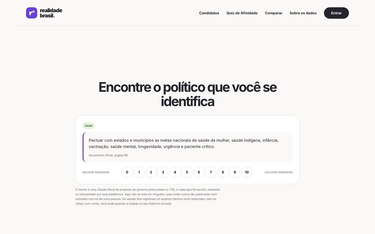 Tela do Realidade Brasil com um trecho de proposta para dar nota